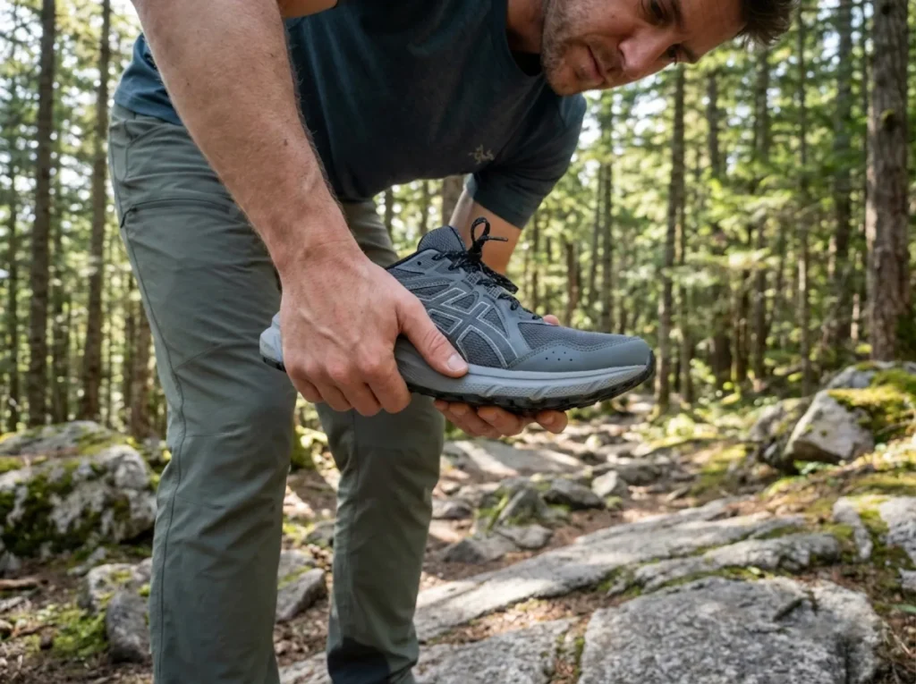 Hiker pressing thumb into hiking shoe midsole to test foam compression recovery on trail