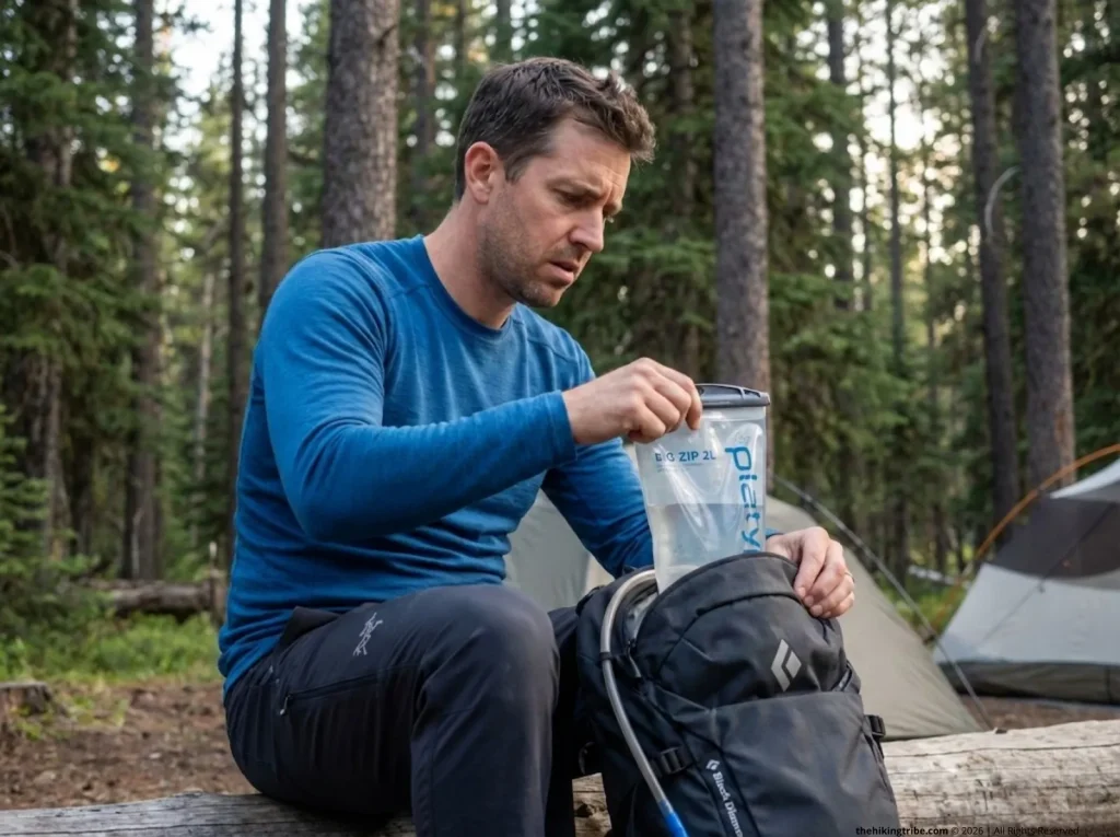 Hiker discovering mold in Platypus hydration bladder at backcountry campsite