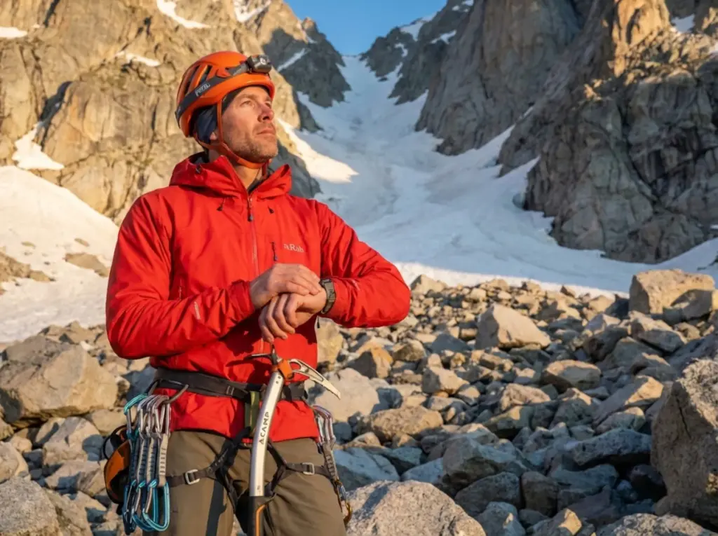 Mountaineer checking watch at couloir base during safe morning window for rockfall avoidance timing