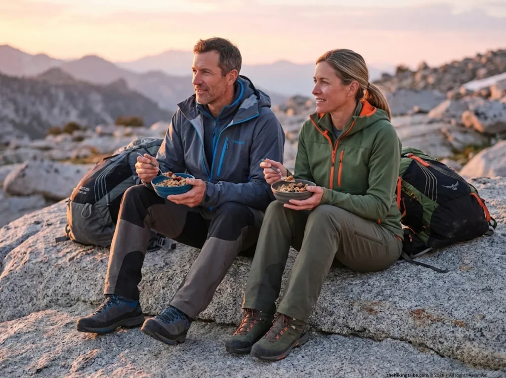 Two hikers eating recovery breakfast on boulder at alpine sunrise on multi-day thru-hike, back-to-back trail day nutrition plan