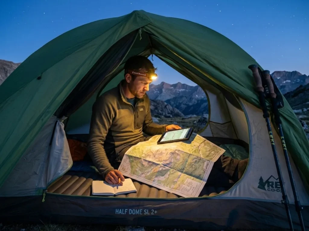 Serious hiker cross-referencing Gaia GPS and paper topo map for multi-day backcountry route planning at alpine camp