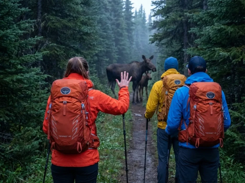 Hiking group using stop signal on narrow trail encountering moose blocking path at dawn
