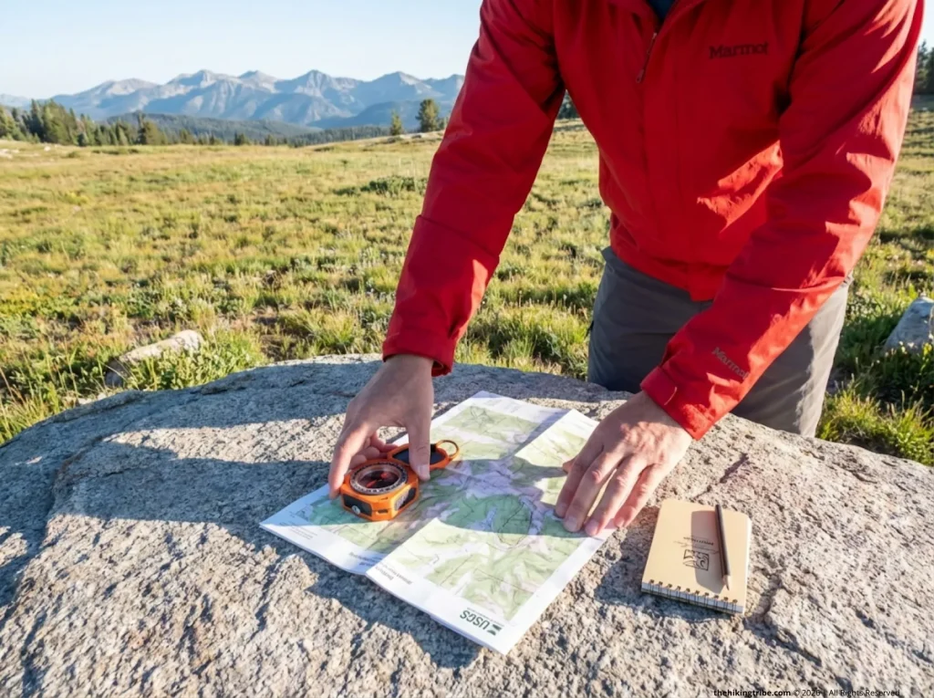 Hiker organizing Brunton compass and USGS topo map on granite boulder before backcountry navigation