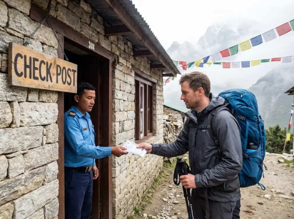 Trekker showing permits at Nepal checkpoint with Himalayan peaks behind