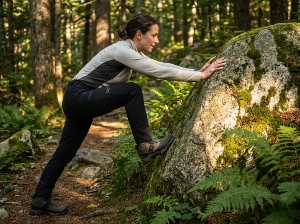 Hiker stretching calf muscles against a boulder during active recovery on a nero day