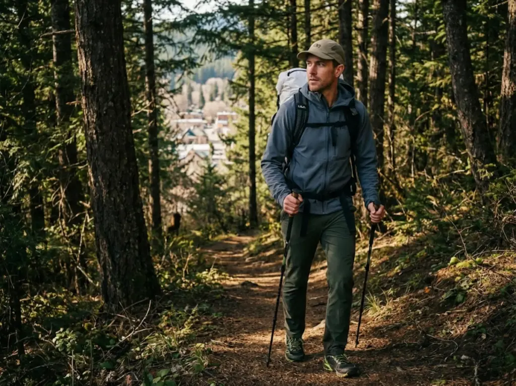 Thru-hiker walking away from trail town back into forest after a nero day stop