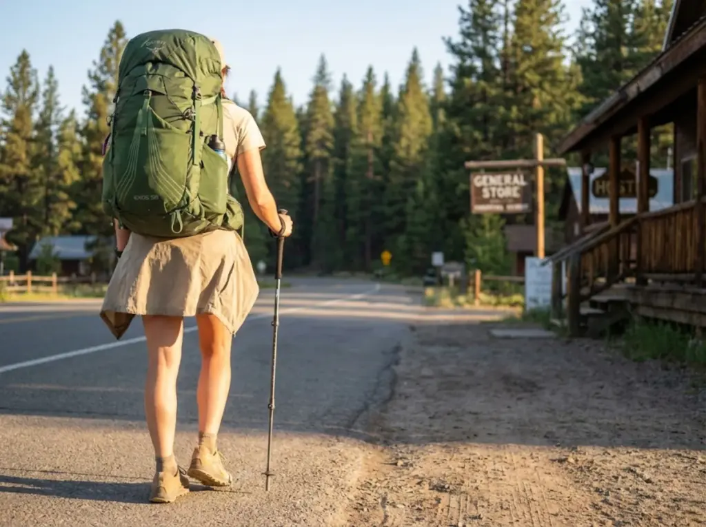 Thru-hiker leaving a trail town with loaded pack during a nero day resupply stop