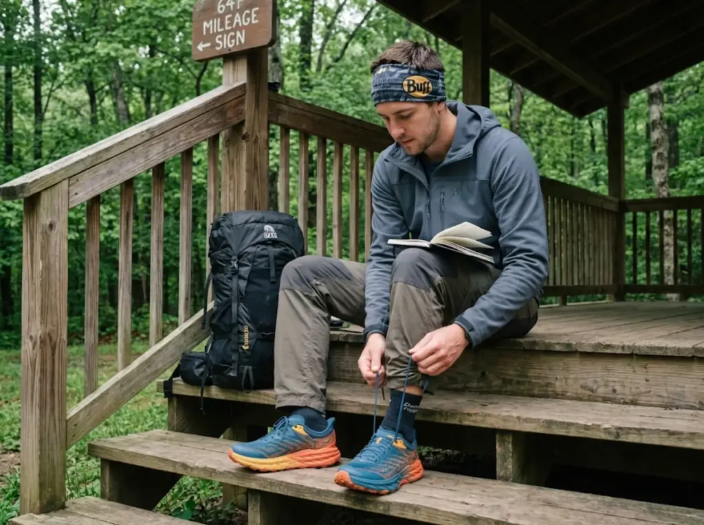 Thru-hiker lacing up trail runners on a hostel porch preparing to nero back to trail 