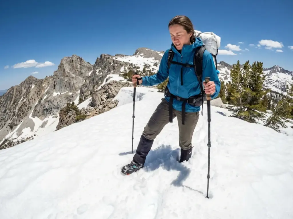 Hiker post-holing through Sierra snow where nero days become impractical in winter