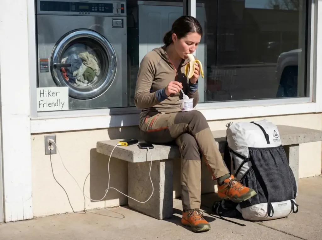 Thru-hiker multitasking at a laundromat during an efficient nero day town stop 