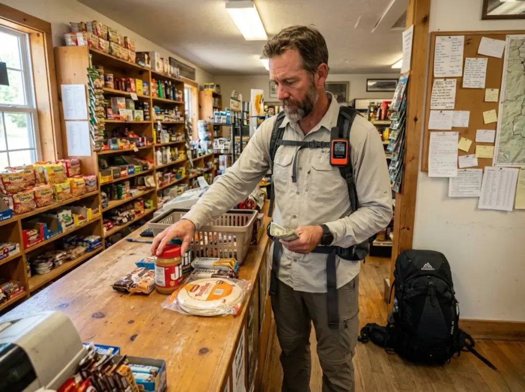 Thru-hiker resupplying at a small trail town general store during a nero day stop