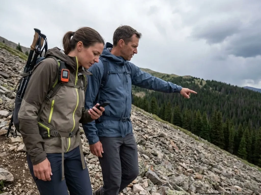 Two hikers descend urgently toward treeline below exposed ridge as storm builds—NWS lightning action hierarchy