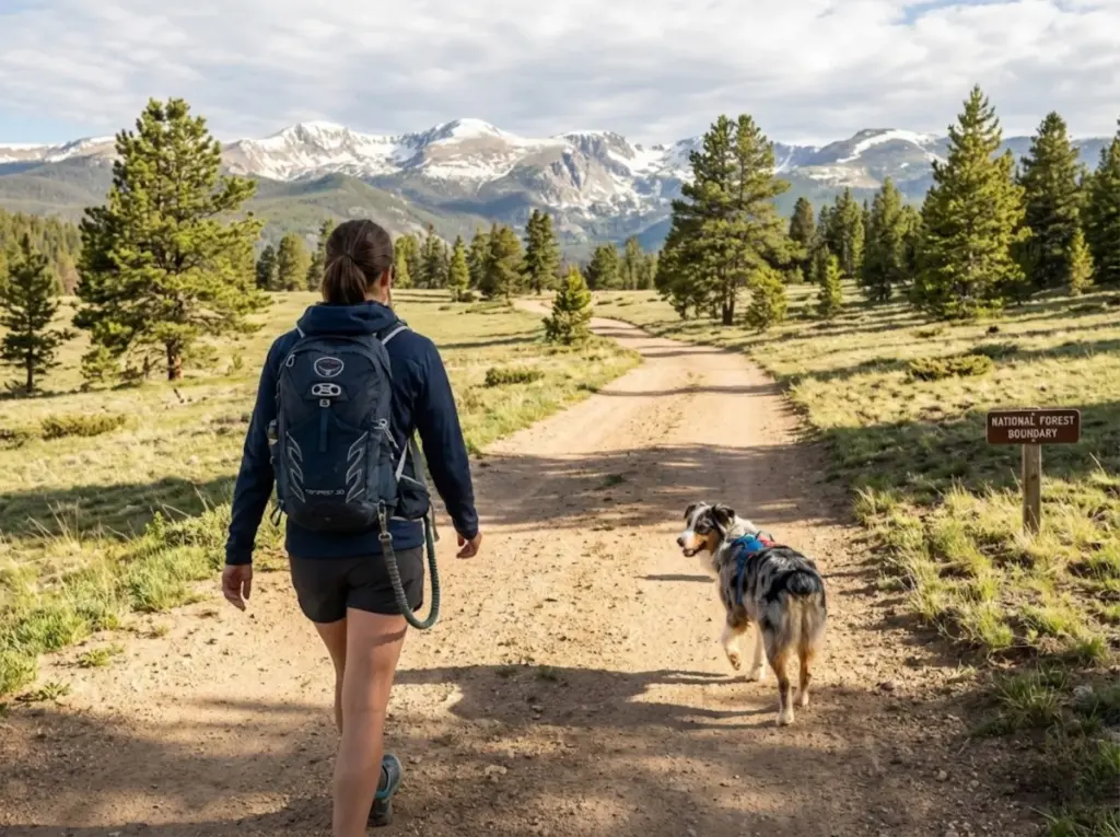 Hiker with off-leash dog on National Forest fire road with boundary sign visible
