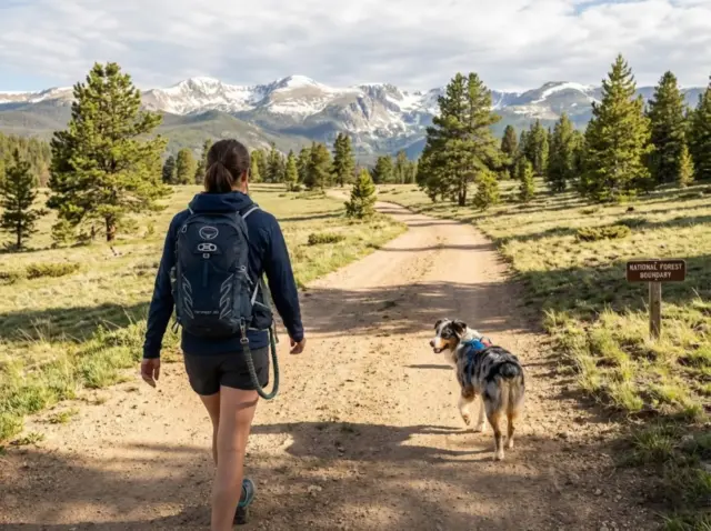 off-leash-dog-hiking-trail-rules-hero Hiker with off-leash dog on National Forest fire road with boundary sign visible