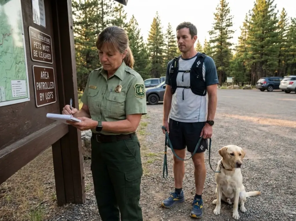 Forest ranger issuing off-leash citation to hiker at National Forest trailhead kiosk