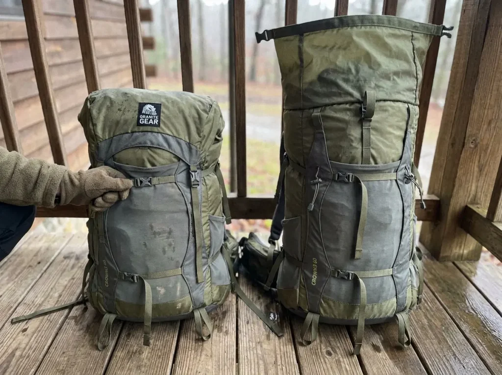 The same roll-top pack shown cinched small for overnight and expanded full for a weekend