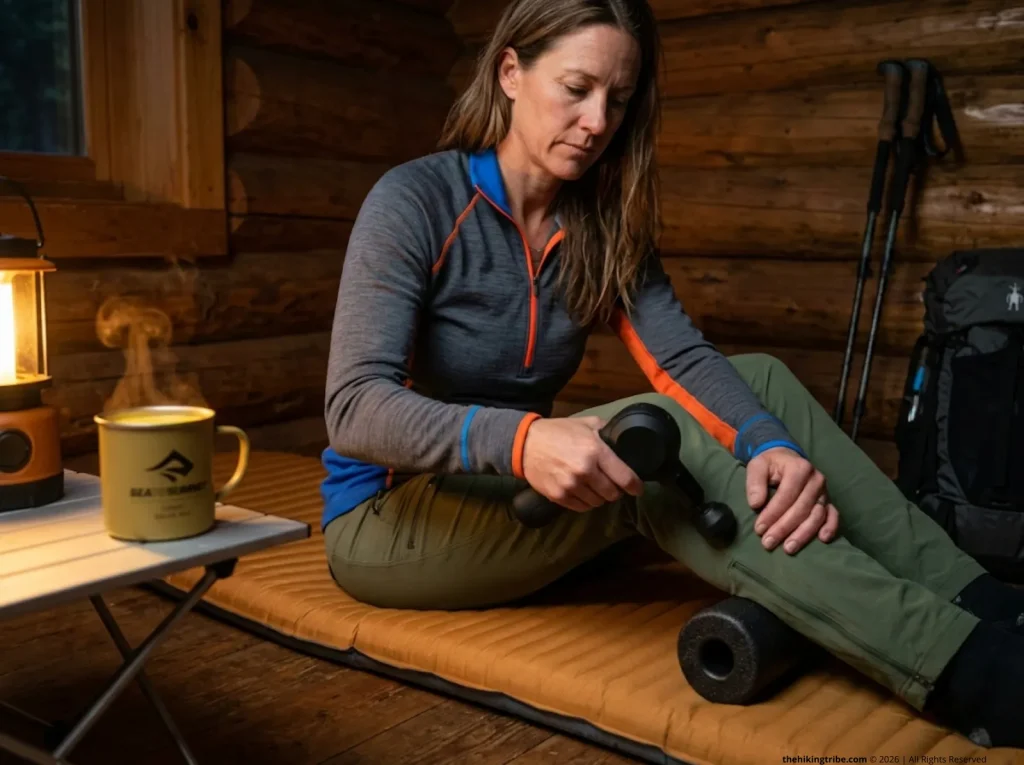 Female hiker foam rolling calves with massage device in cabin after hike, golden milk recovery drink, evening overnight recovery protocol