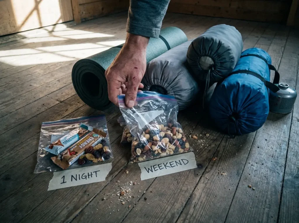 The same backpacking gear with a small extra pile of food showing the tiny overnight-to-weekend difference