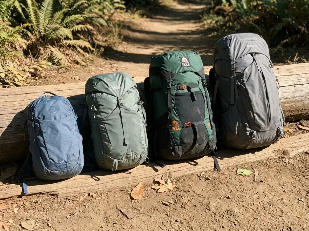 Four hiking packs of increasing size lined up on a log from daypack to multi-day pack