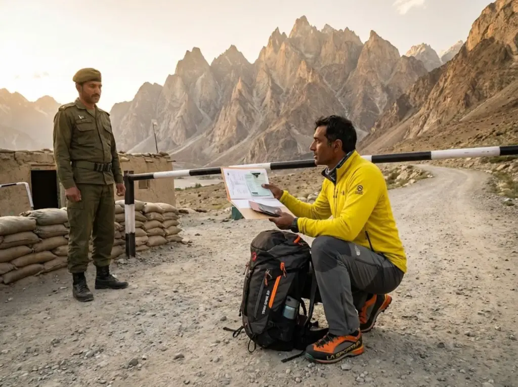Mountaineer presenting trekking documents at Pakistan security checkpoint