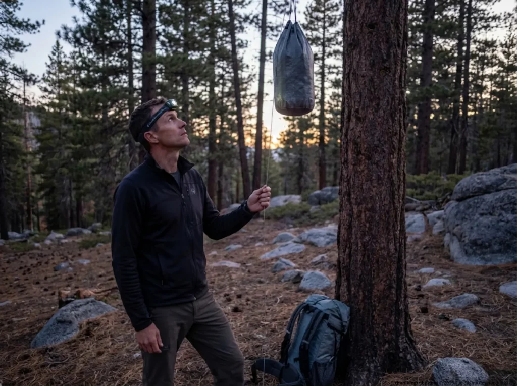 Hiker evaluating PCT bear bag hang on lodgepole pine at dusk in the Sierra Nevada