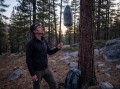Your Bear Bag PCT Hang Is Wrong and Here’s Why Hiker evaluating PCT bear bag hang on lodgepole pine at dusk in the Sierra Nevada