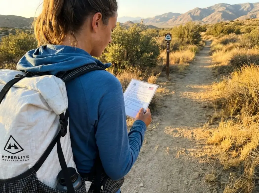 PCT thru-hiker reviewing B-2 visa on desert trail section in California