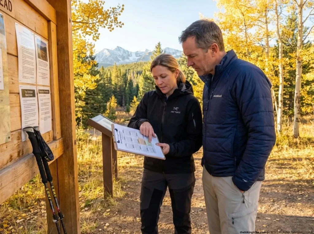Two hikers in Arc'teryx and Montbell jackets reviewing shoulder-season permit calendar at autumn trailhead