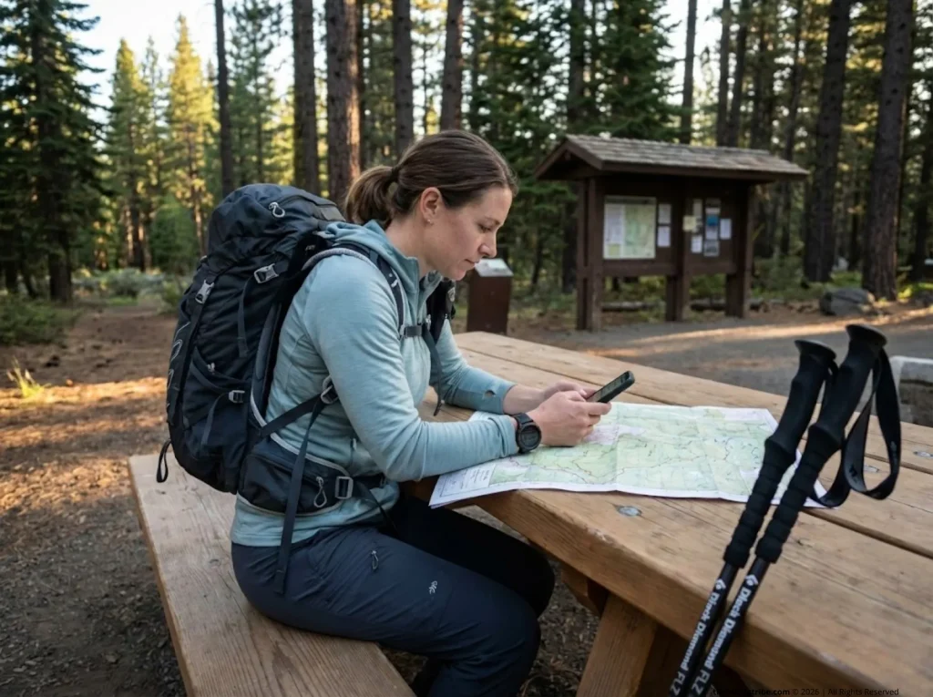 Hiker checking permit lottery confirmation on phone at forested trailhead with topo map and trekking poles