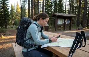 Stop Wasting Permit Lottery Applications on Popular Trails Hiker checking permit lottery confirmation on phone at forested trailhead with topo map and trekking poles
