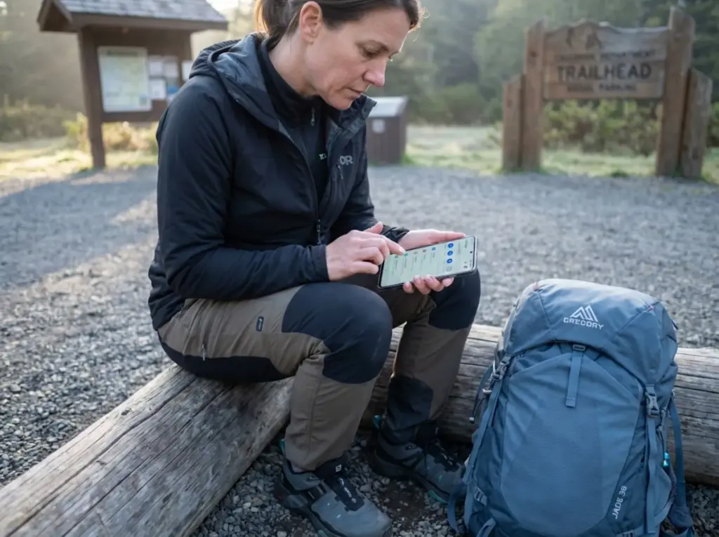 Hiker configuring smartphone battery settings at trailhead before starting GPS tracking