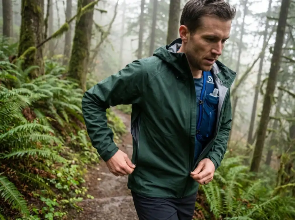 Trail runner opening rain jacket pit zips for ventilation on misty mountain trail