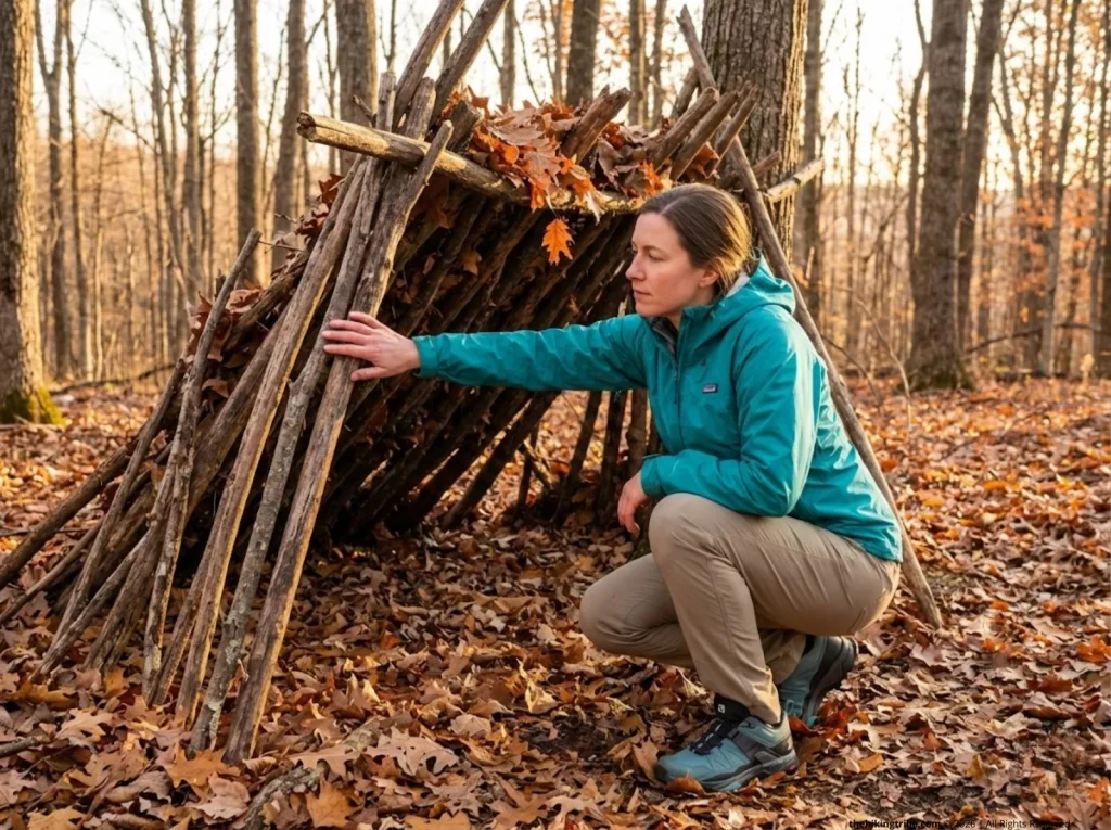 Female hiker crouching next to an inadequately insulated lean-to shelter in an Appalachian forest, evaluating its construction