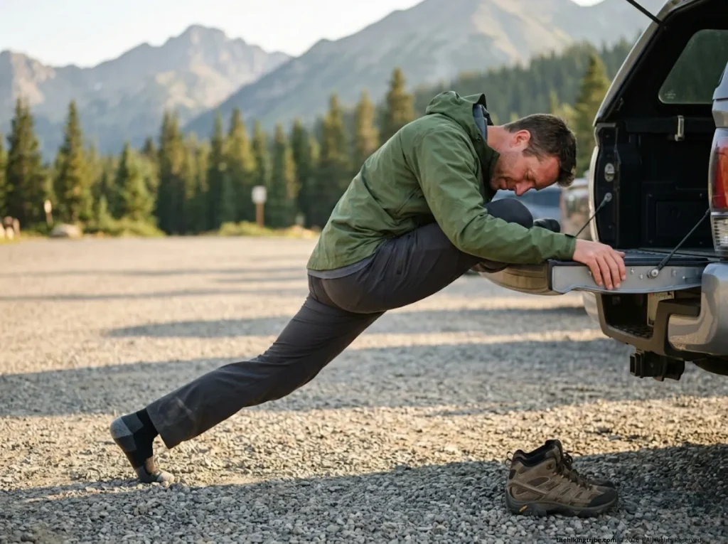Male hiker performing post-hike hip stretch pigeon pose on truck tailgate at alpine trailhead, relieving soreness after long trail day