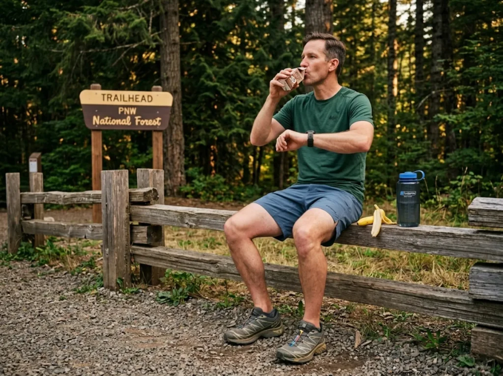 Hiker drinking chocolate milk at trailhead within 30 minutes after hike, post-hike nutrition golden window recovery snack