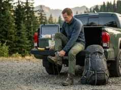 Still Sore Two Days After Hiking? You’re Recovering Wrong Hiker removing trail boots at tailgate trailhead, grabbing recovery snack after long hiking day, post-hike recovery routine