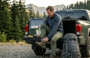 Still Sore Two Days After Hiking? You’re Recovering Wrong Hiker removing trail boots at tailgate trailhead, grabbing recovery snack after long hiking day, post-hike recovery routine