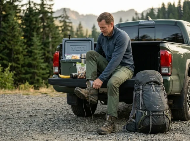 post-hike-recovery-trailhead-nutrition Hiker removing trail boots at tailgate trailhead, grabbing recovery snack after long hiking day, post-hike recovery routine