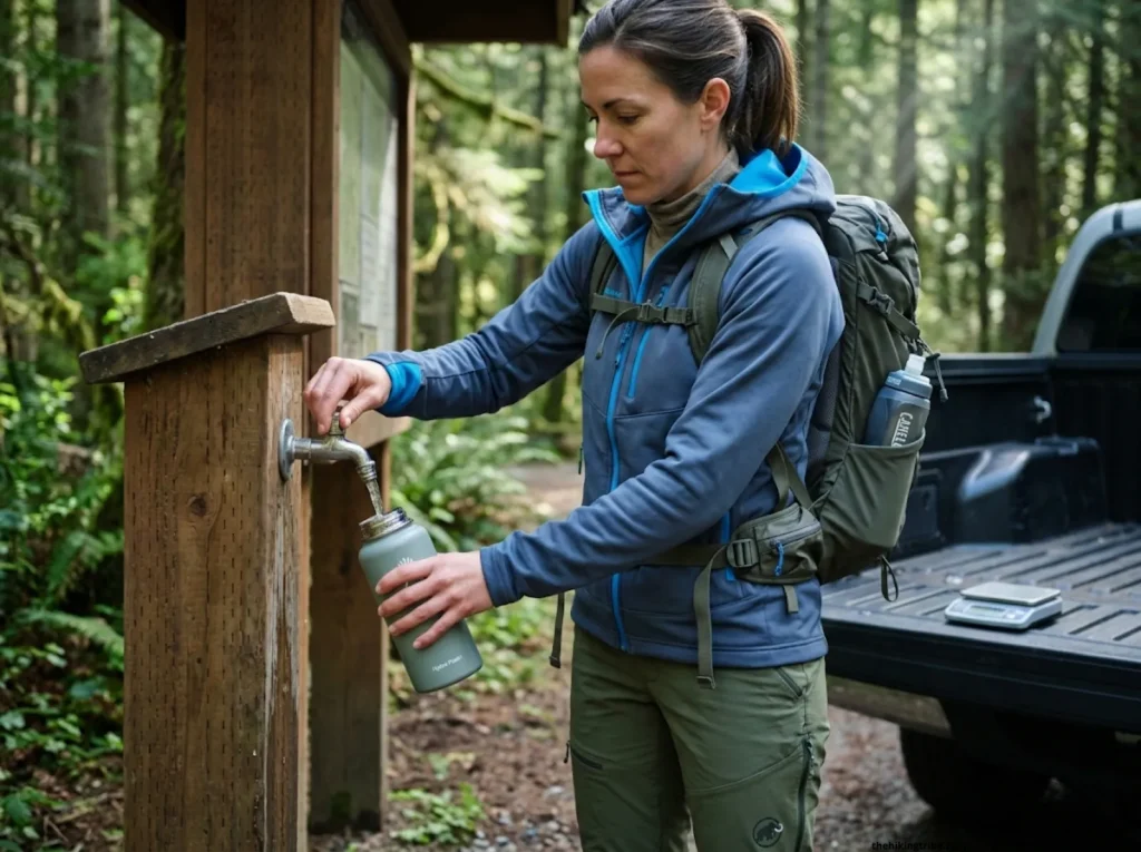 Female hiker refilling water at trailhead after long hike, measuring rehydration with scale for precise fluid replacement protocol