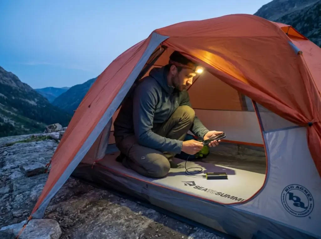 Backpacker charging phone from power bank inside tent vestibule during multi-day trip