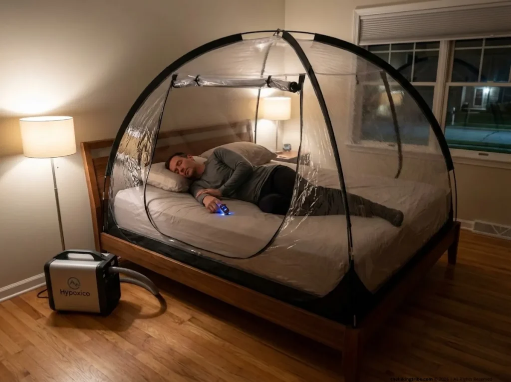 Hiker using hypoxic altitude simulation tent at home for pre-acclimatization training