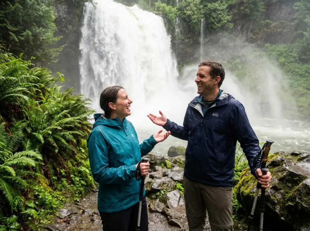 Couple at roaring waterfall on empty rainy trail, laughing in MEC rain jackets, demonstrating rain hiking rewards