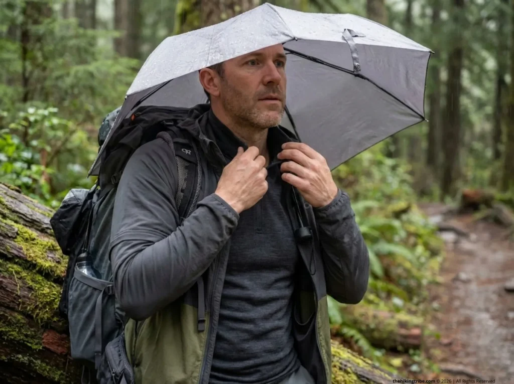 Male hiker adjusting Smartwool merino base layer mid-hike on rainy trail with hands-free umbrella attached to pack 