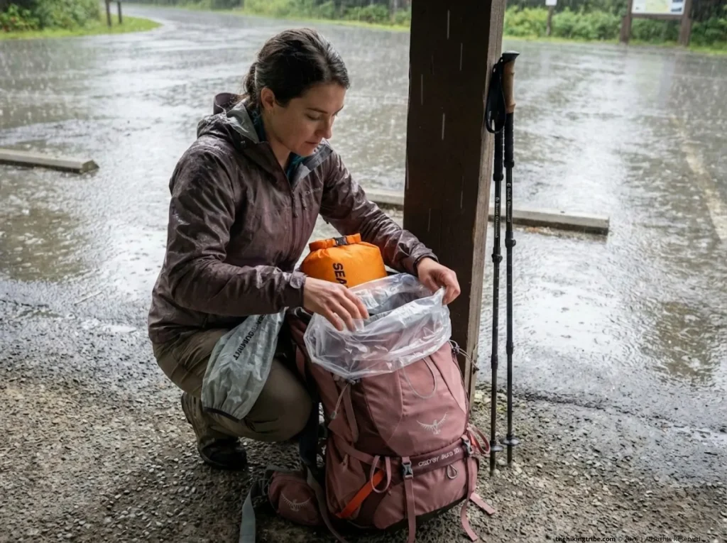 Female hiker installing trash compactor bag liner into Osprey pack at rainy trailhead, Sea to Summit dry bag visible