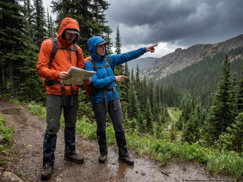 Two hikers at trail junction in rain reviewing map, storm clouds over exposed ridgeline behind them, turn-around safety decision