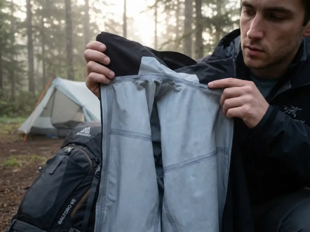 Backpacker examining rain jacket seam construction at mountain campsite
