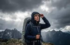 Which Rain Jacket Fails First on the Trail Hiker adjusting Patagonia rain jacket hood as storm approaches alpine ridge