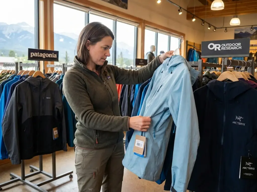 Hiker evaluating premium rain jacket construction quality at outdoor gear store