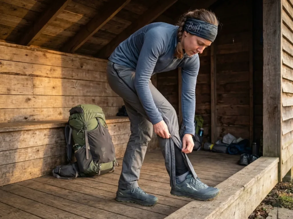 Thru-hiker pulling on ultralight full-zip rain pants over trail runners at Appalachian Trail shelter 