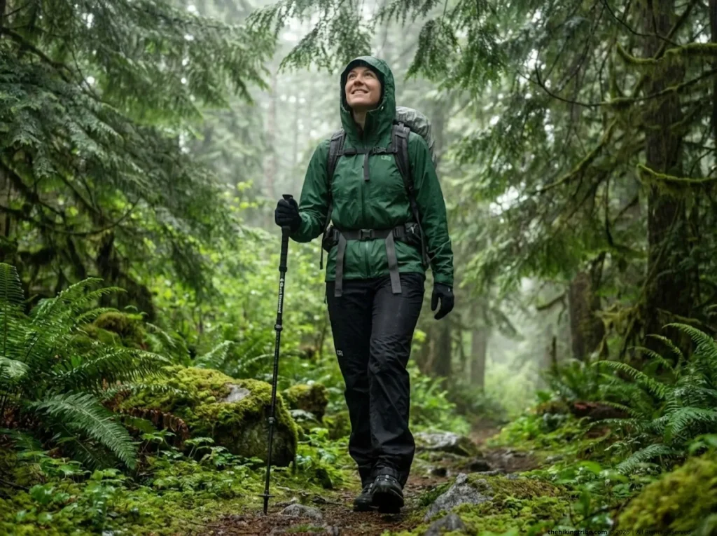 Woman hiking in rain on mossy Pacific Northwest forest trail wearing Outdoor Research rain jacket and trekking poles